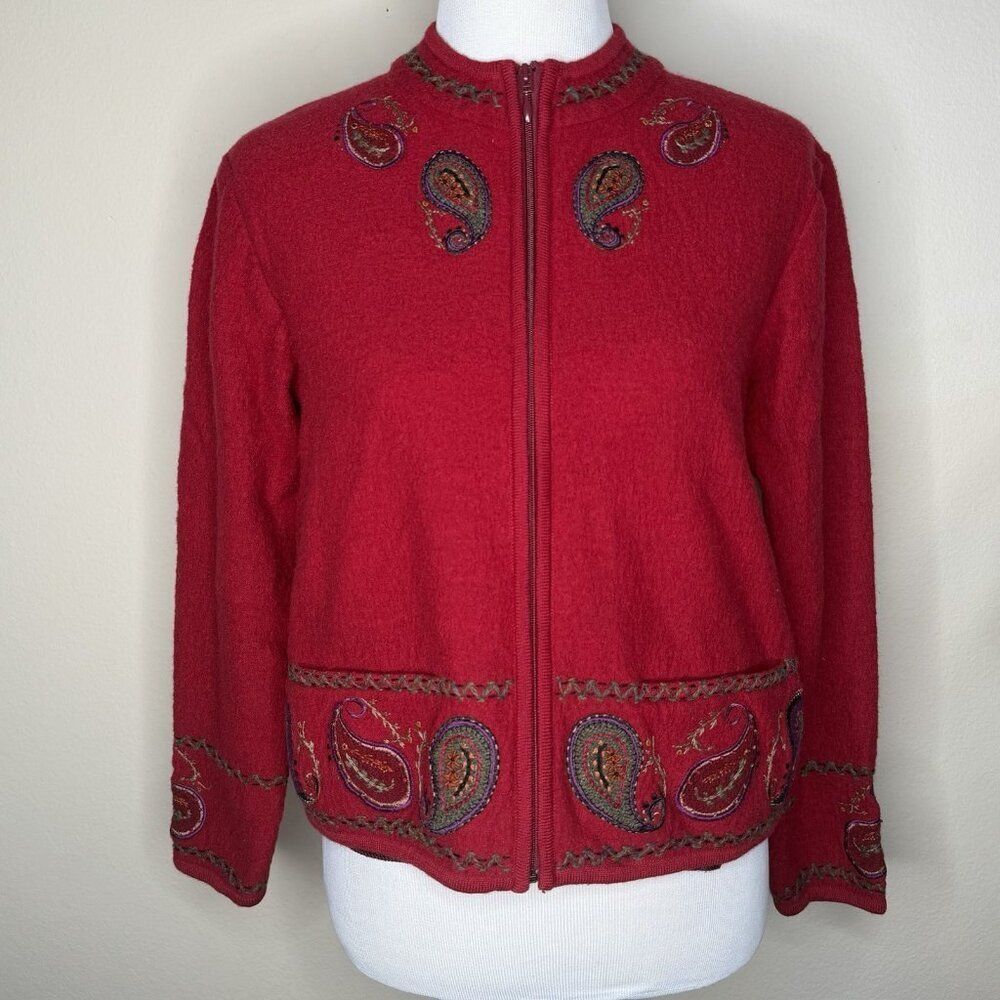 Icelandic Design Boiled Wool Jacket Womens Size M Embroidered Zip Sweater Pocket